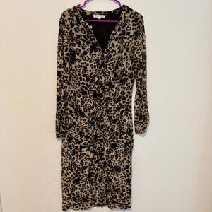 Madison + Hudson Dress Womens XL Brown Leopard Ruched Mesh Midi V-Neck